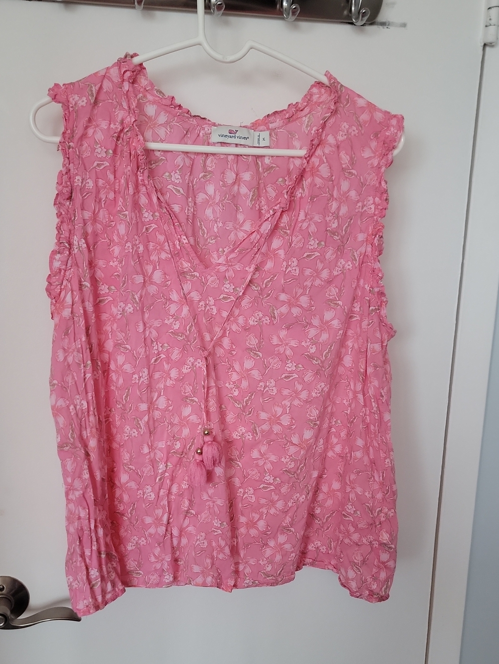 Vineyard Vines Pink Floral Ruffle V-Neck Tassel Tank